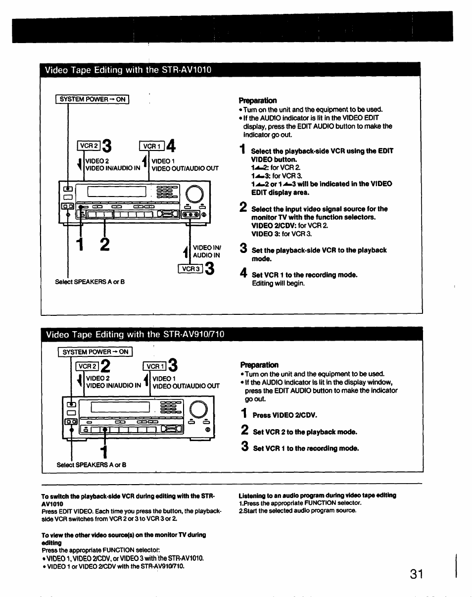 Video tape editing with the str-av1010, Preparation, Video tape editing with the str-av910/710 | Pr^ration | Sony STR-AV910 User Manual | Page 31 / 39