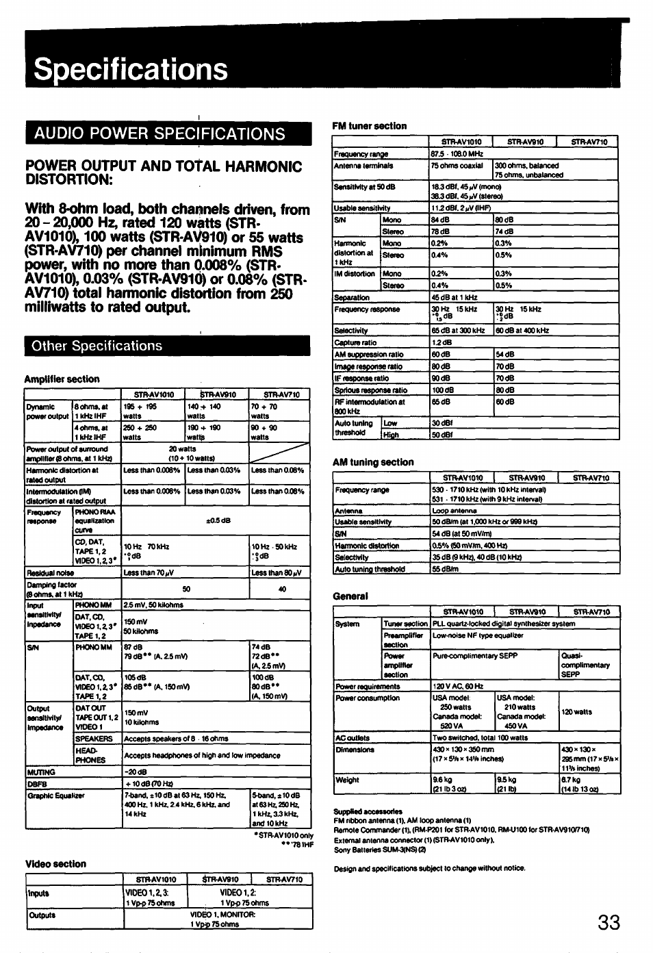 Specifications, Other specifications, Audio power specifications | Sony STR-AV910 User Manual | Page 33 / 39