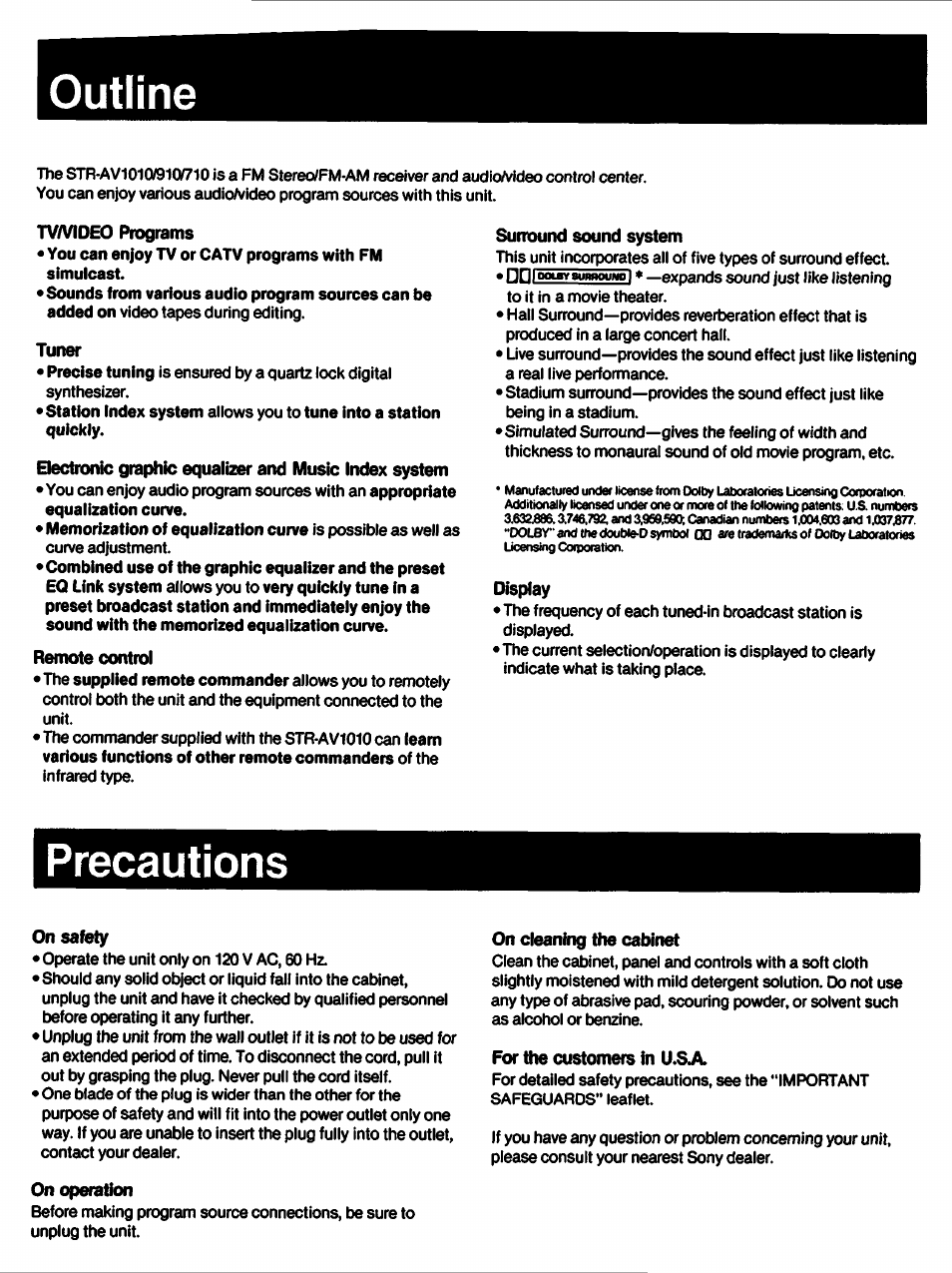 Outline, Tv/video programs, Tuner | Remote control, Sunound sound system, Display, Precautions, On safety, On operation, On cleaning the cabinet | Sony STR-AV910 User Manual | Page 4 / 39