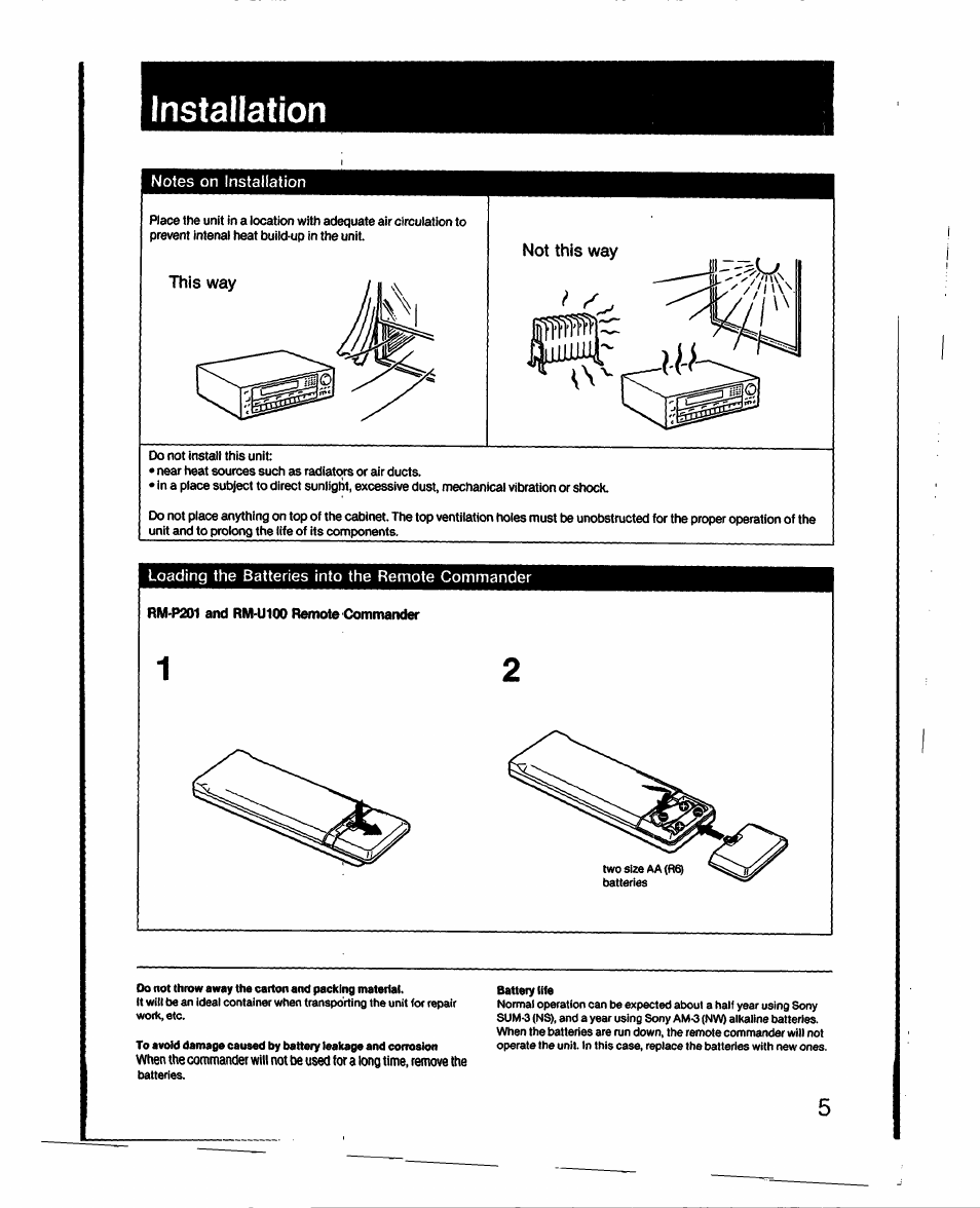 Installation, Notes on installation, Loading the batteries into the remote commander | Rm-p201 and rm'uloo remote commander, Lns|tallation | Sony STR-AV910 User Manual | Page 5 / 39