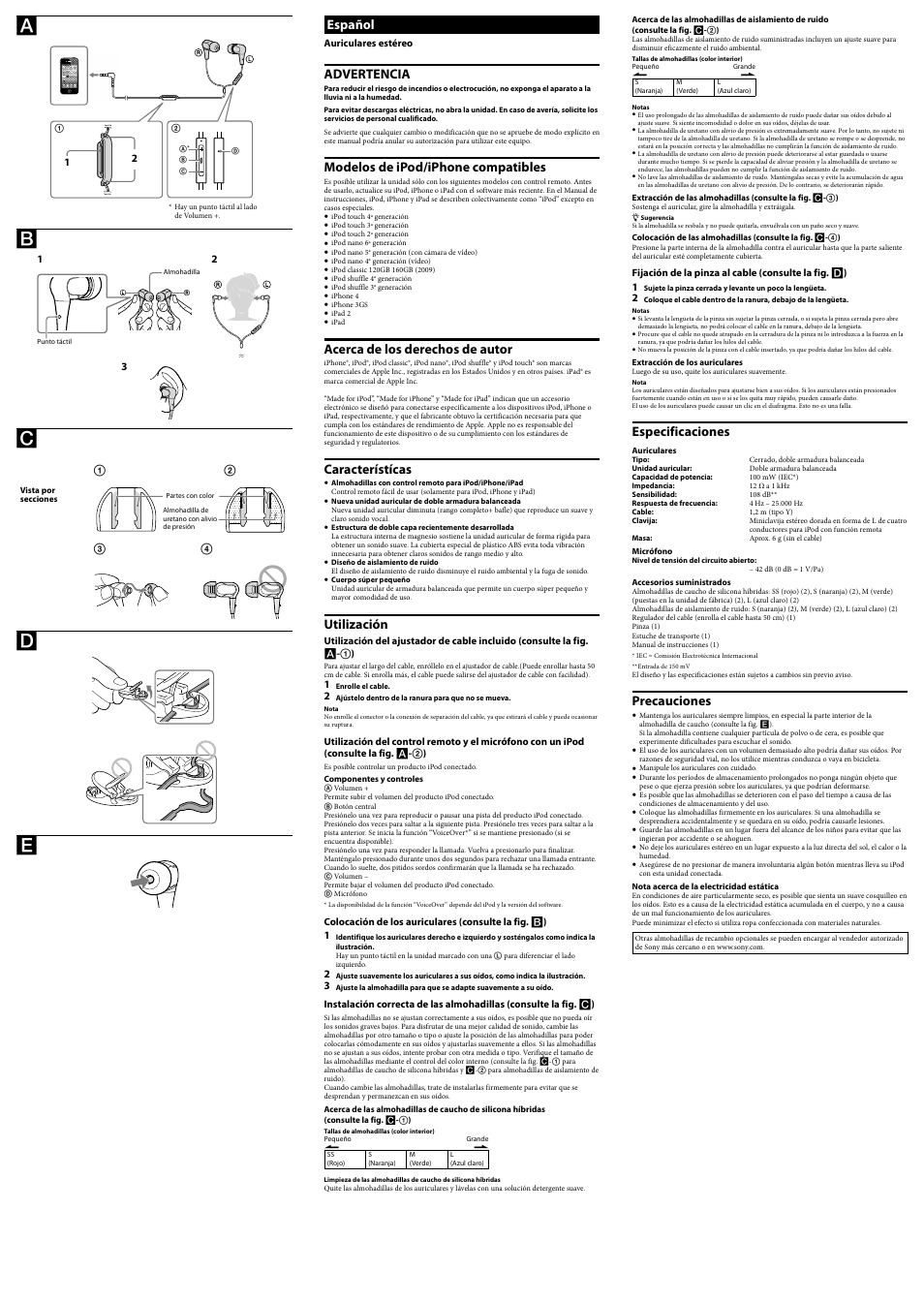 Español, Advertencia, Modelos de ipod/iphone compatibles | Acerca de los derechos de autor, Característícas, Utilización, Especificaciones, Precauciones | Sony XBA-2iP User Manual | Page 2 / 2