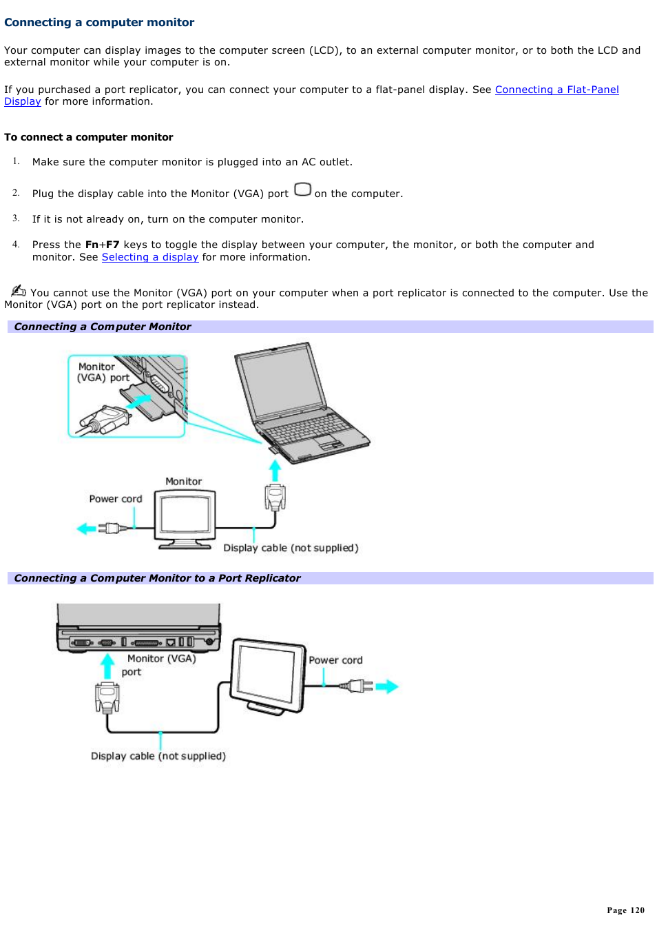 Connecting a computer monitor | Sony PCG-V505EX User Manual | Page 120 / 148