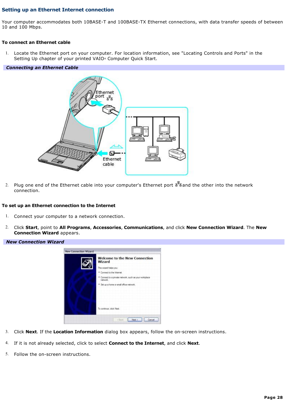 Setting up an ethernet internet connection | Sony PCG-V505EX User Manual | Page 28 / 148