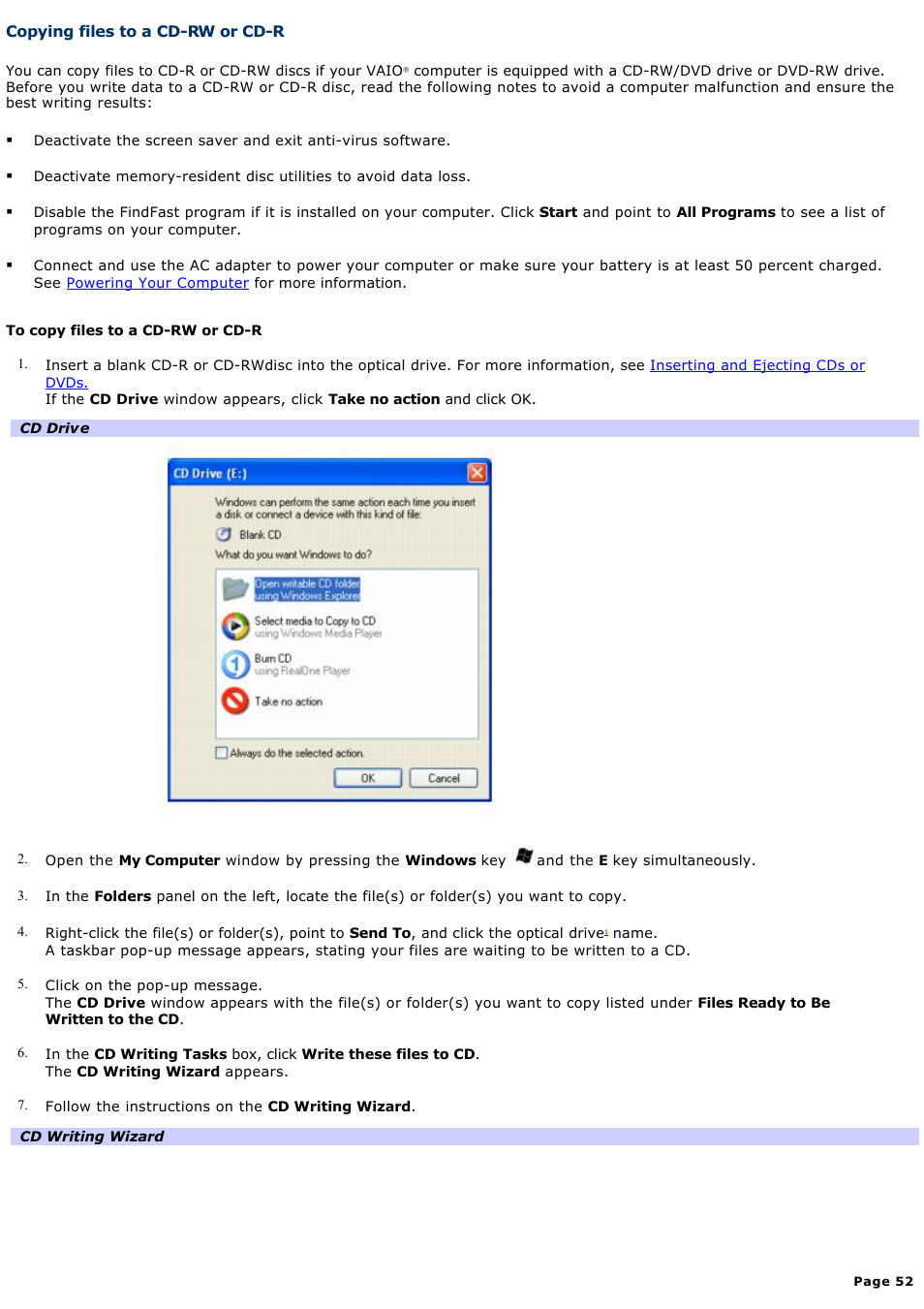 Copying files to a cd-rw or cd-r | Sony PCG-V505EX User Manual | Page 52 / 148