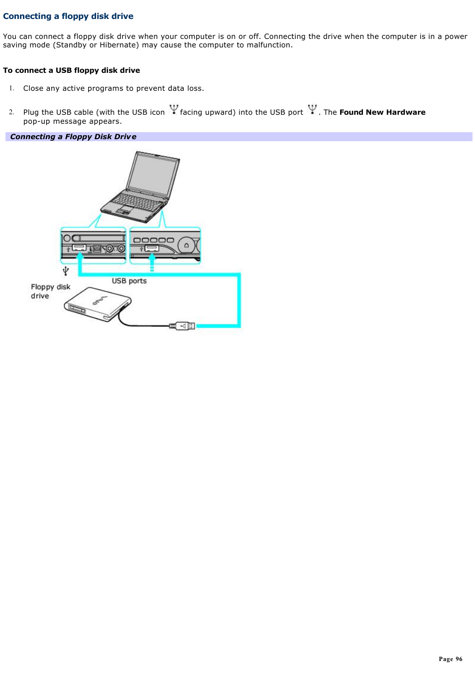 Connecting a floppy disk drive | Sony PCG-V505EX User Manual | Page 96 / 148