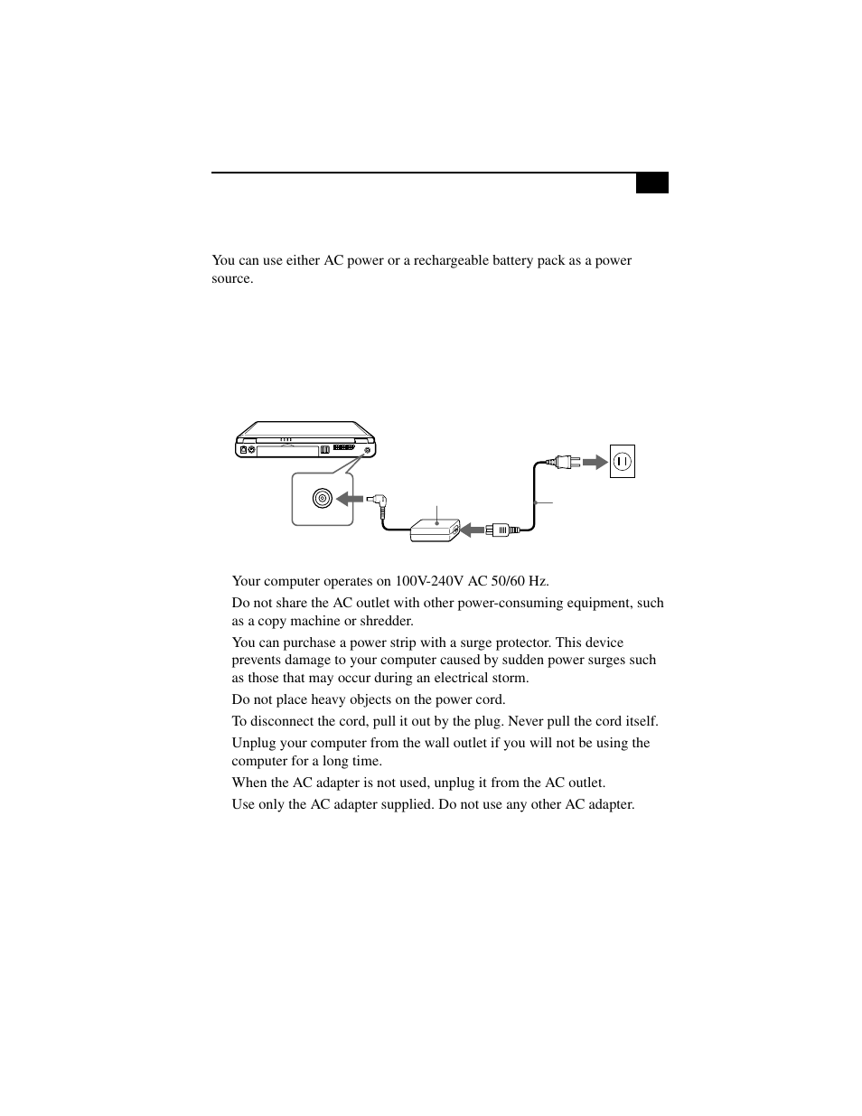 Connecting a power source, Using the ac adapter | Sony PCG-F630 User Manual | Page 26 / 103