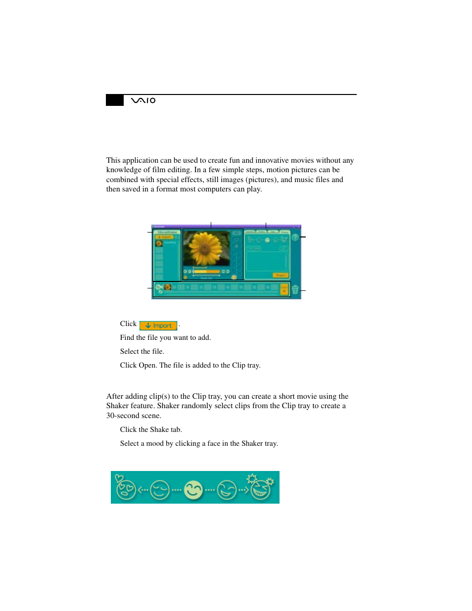 Software instructions, Movie shaker, Create a movie using shaker | Movie shaker create a movie using shaker | Sony PCG-F630 User Manual | Page 71 / 103