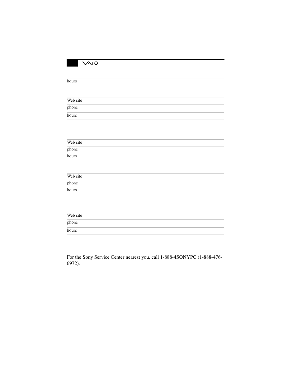 Sony service center | Sony PCG-F630 User Manual | Page 75 / 103