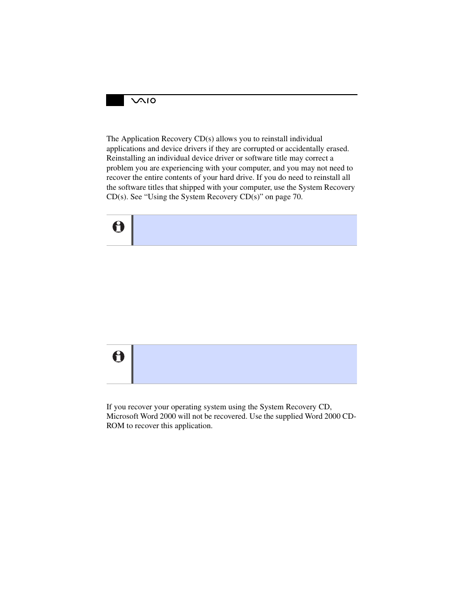 Using the application recovery cd(s), Recovering microsoft® word 2000 | Sony PCG-F630 User Manual | Page 87 / 103