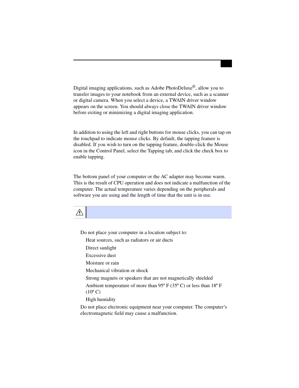 Applications that use the twain driver, Using the touchpad, Hardware temperature | Notes on setup | Sony PCG-F630 User Manual | Page 90 / 103