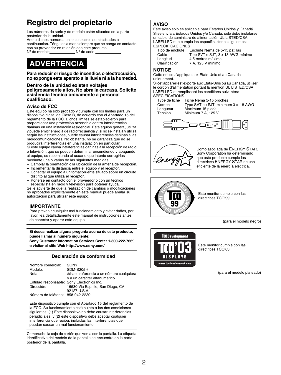 Registro del propietario, Advertencia | Sony SDM-S205FB User Manual | Page 103 / 403