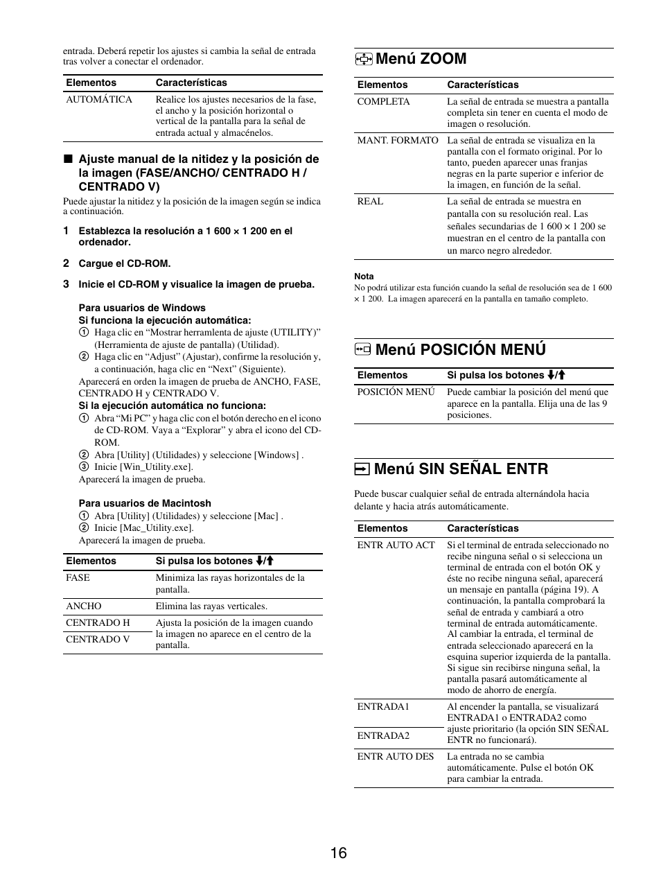 Menú zoom, Menú posición menú, Menú sin señal entr | Menú zoom menú posición menú menú sin señal entr, Menú posición menú menú sin señal entr | Sony SDM-S205FB User Manual | Page 117 / 403