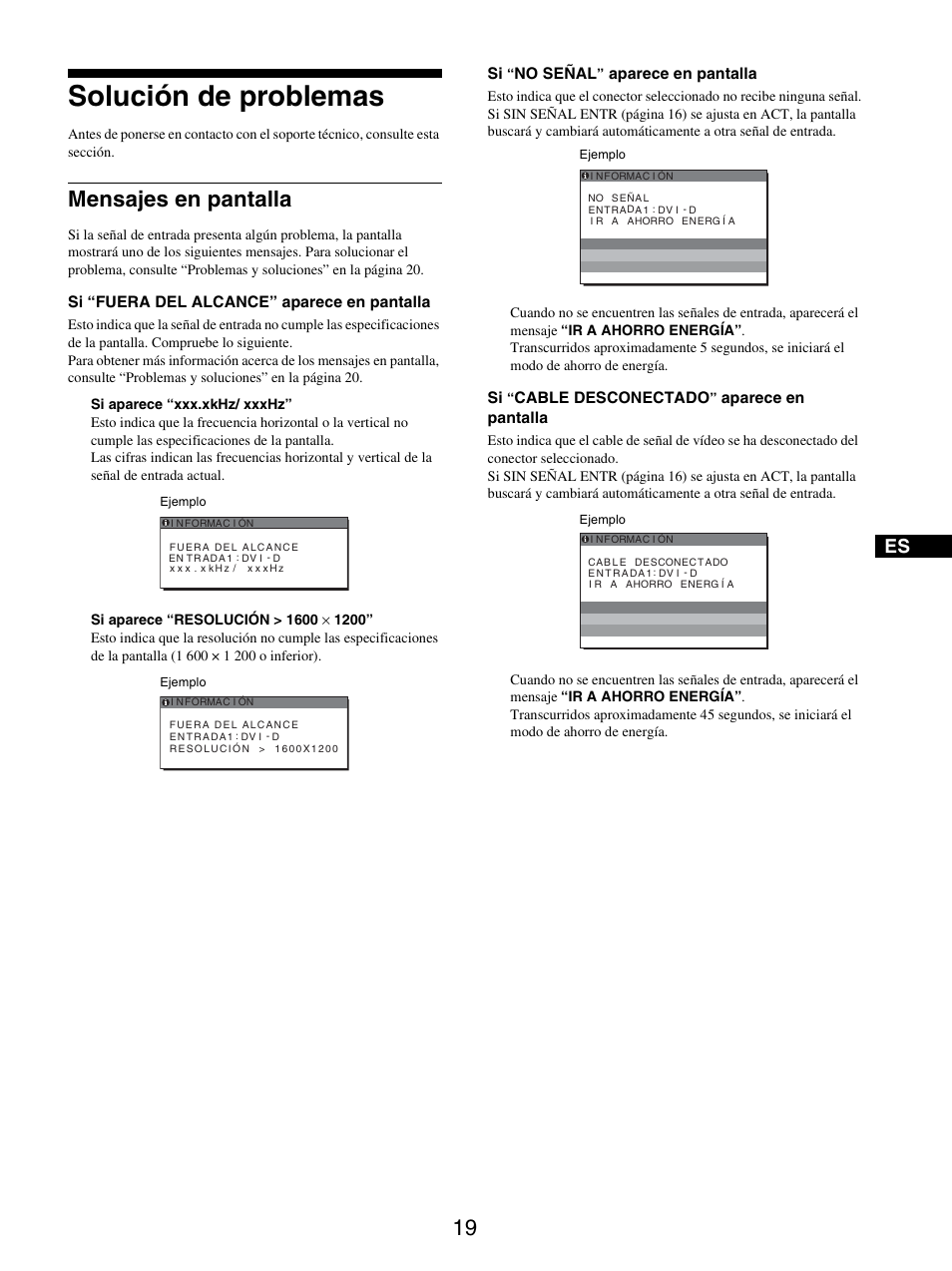 Solución de problemas, Mensajes en pantalla | Sony SDM-S205FB User Manual | Page 120 / 403