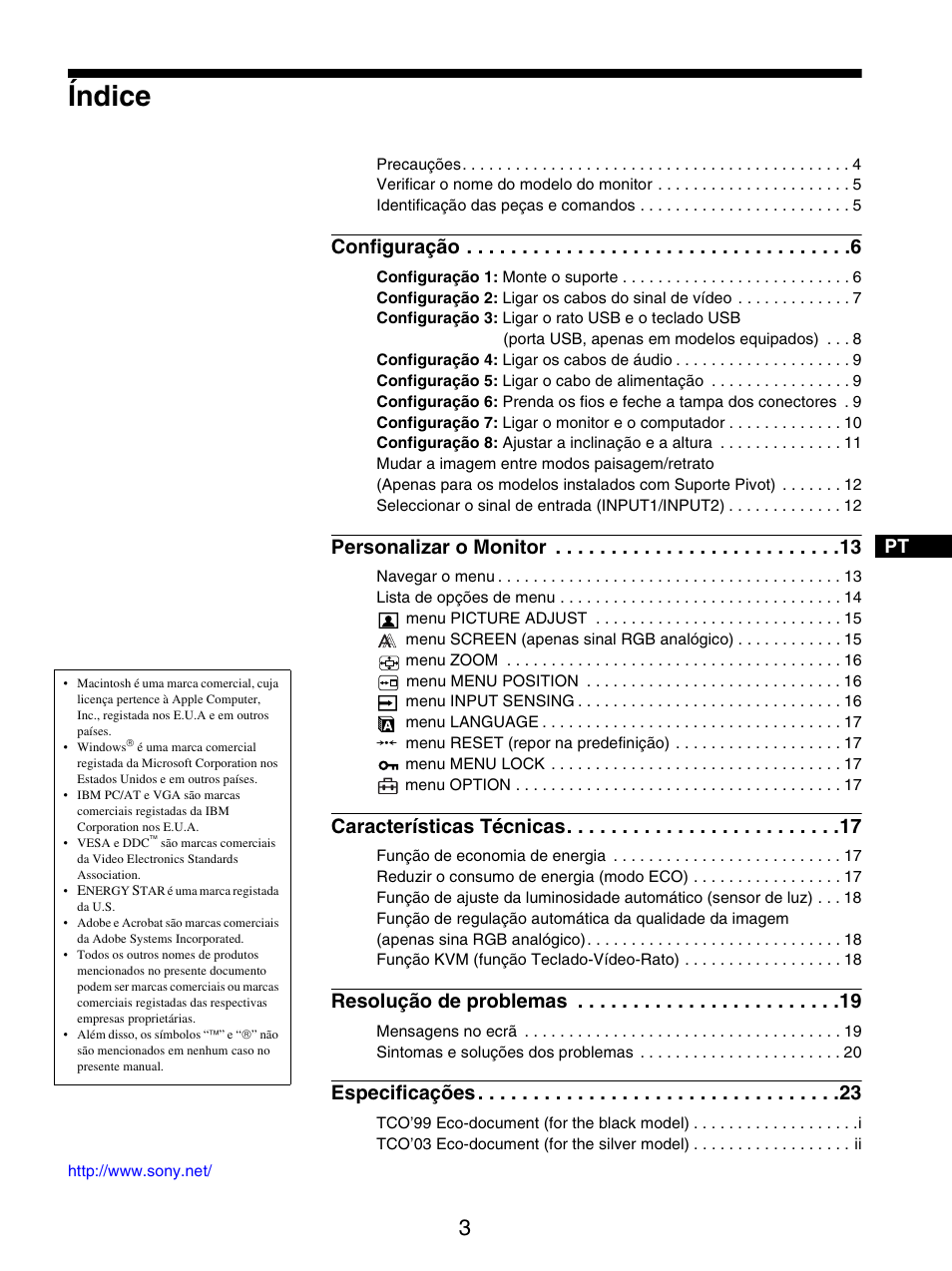 Índice, Configuração, Personalizar o monitor | Características técnicas, Resolução de problemas, Especificações | Sony SDM-S205FB User Manual | Page 155 / 403