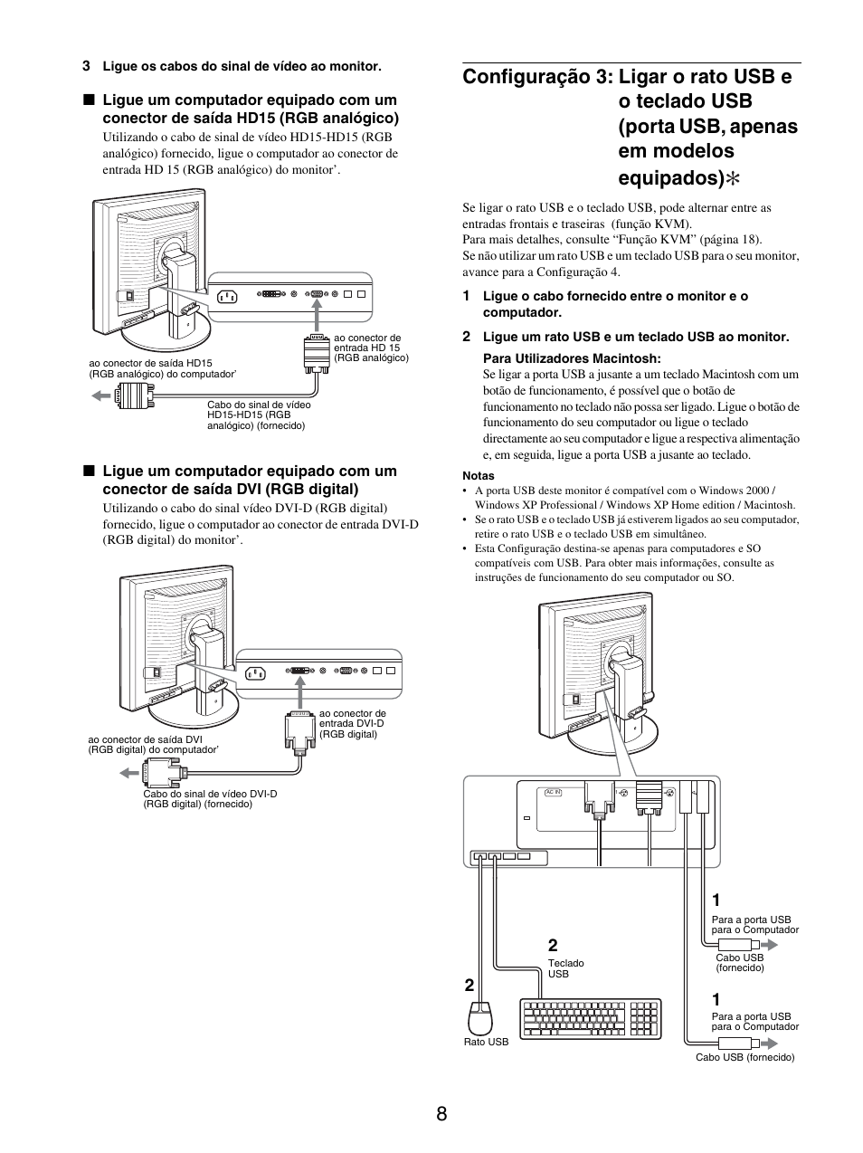 Configuração 3: ligar o rato usb e o teclado usb, Porta usb, apenas em modelos equipados) | Sony SDM-S205FB User Manual | Page 160 / 403