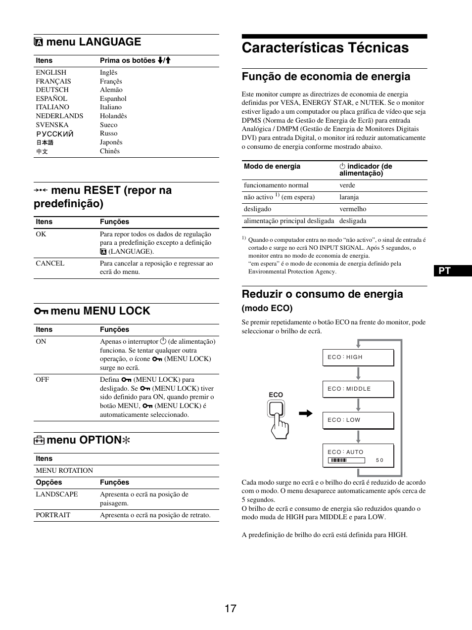 Menu language, Menu reset (repor na predefinição), Menu menu lock | Menu option, Características técnicas, Função de economia de energia, Reduzir o consumo de energia (modo eco), 0 menu reset (repor na predefinição), Menu menu lock menu option, Menu language 0 menu reset (repor na predefinição) | Sony SDM-S205FB User Manual | Page 169 / 403