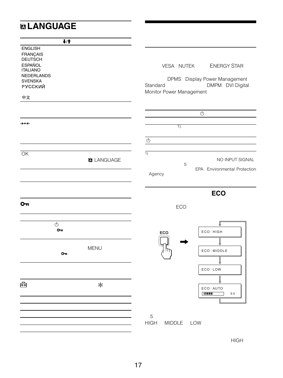 Languageメニュー, リセットメニュー（お買い上げ時の設定に戻す, メニューロック | オプションメニュー, 省電力機能（パワーセーブ機能, 節電しながら使う（ecoモード, Language, メニュー, 節電しながら使う, メニュー 0 リセットメニュー（お買い上 げ時の設定に戻す | Sony SDM-S205FB User Manual | Page 17 / 403