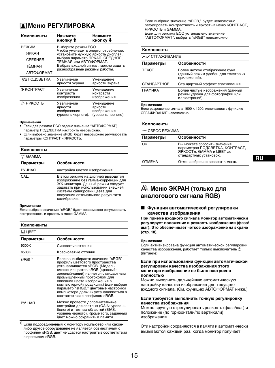 Меню регулировка, Меню экран (только для аналогового сигнала rgb) | Sony SDM-S205FB User Manual | Page 192 / 403