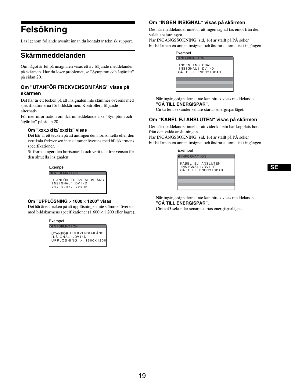 Felsökning, Skärmmeddelanden | Sony SDM-S205FB User Manual | Page 221 / 403