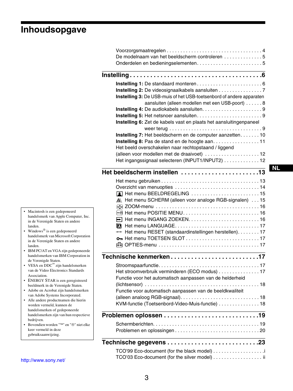 Inhoudsopgave, Instelling, Het beeldscherm instellen | Technische kenmerken, Problemen oplossen, Technische gegevens | Sony SDM-S205FB User Manual | Page 230 / 403