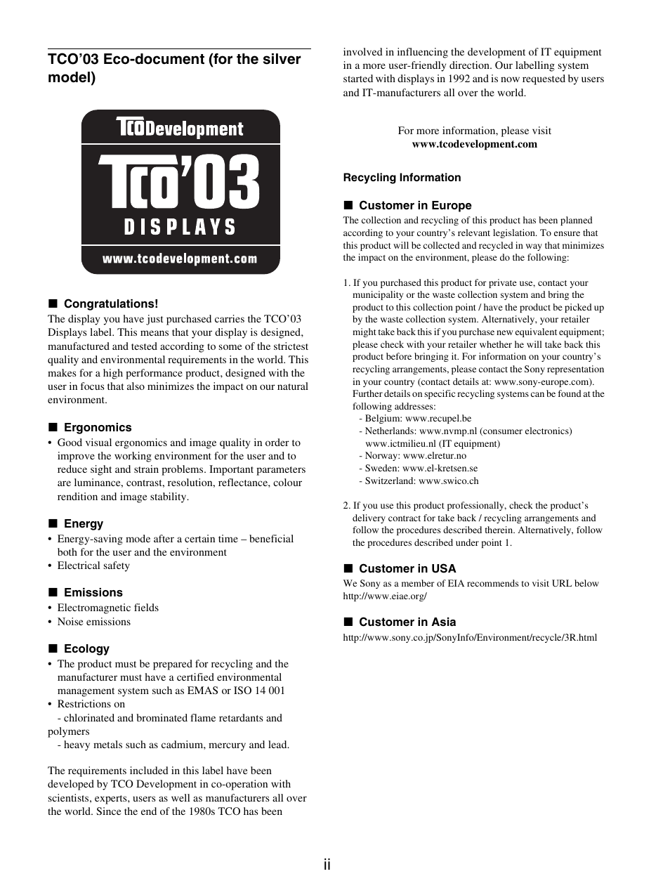 Tco’03 eco-document (for the silver model) | Sony SDM-S205FB User Manual | Page 252 / 403