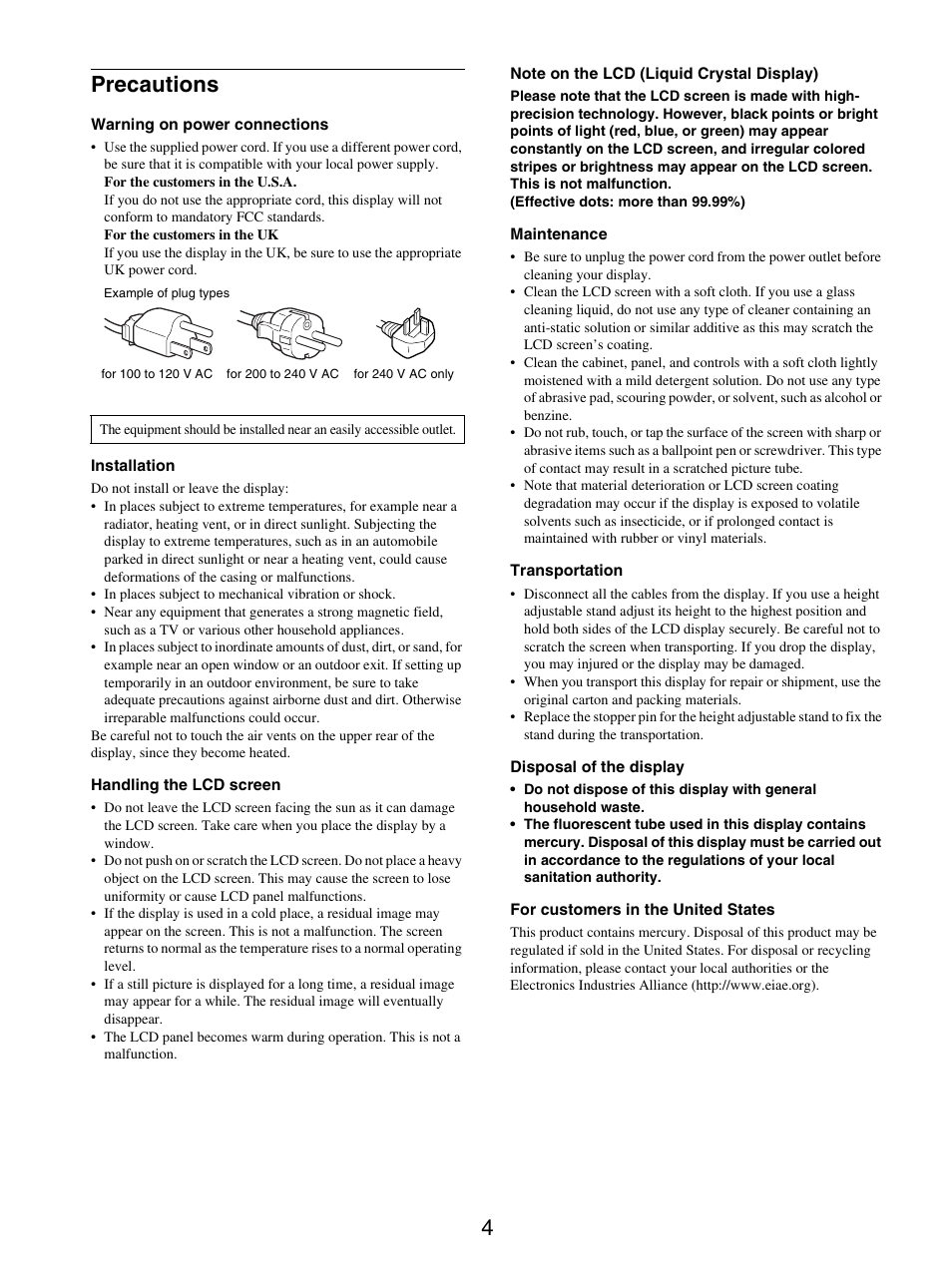 Precautions, 4precautions | Sony SDM-S205FB User Manual | Page 29 / 403