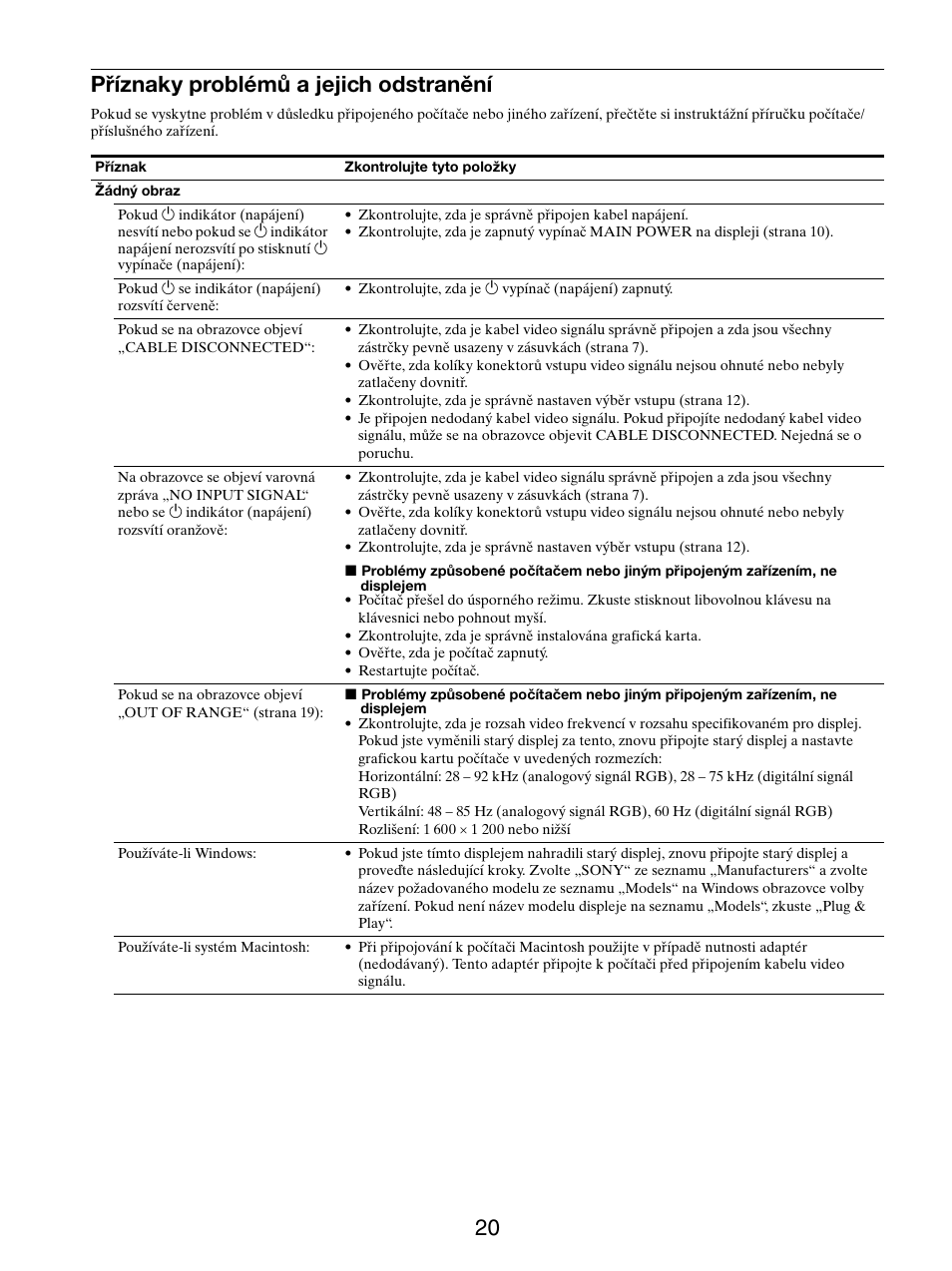 Příznaky problémů a jejich odstranění, 20 příznaky problémů a jejich odstranění | Sony SDM-S205FB User Manual | Page 297 / 403