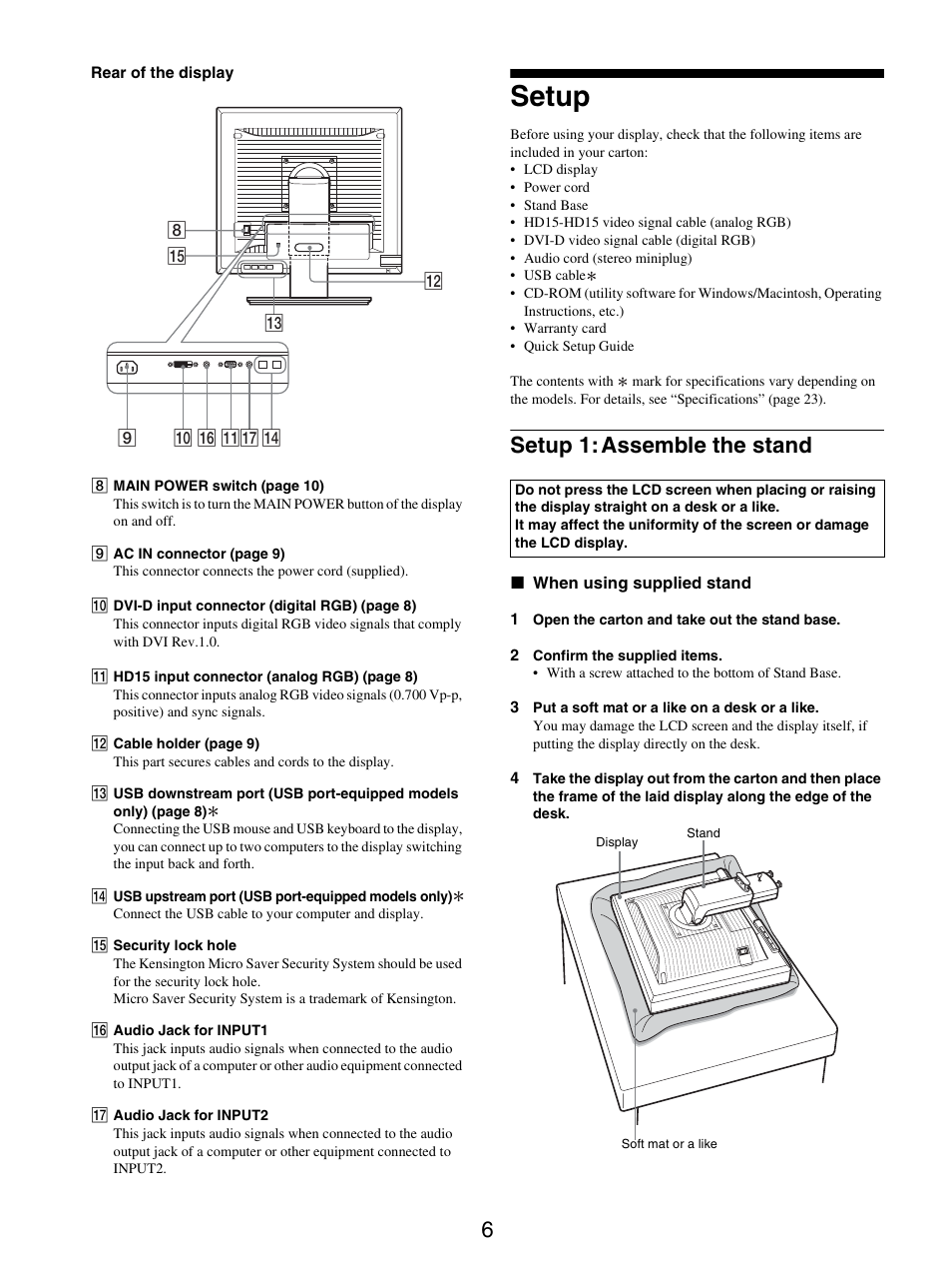 Setup, Setup 1: assemble the stand | Sony SDM-S205FB User Manual | Page 31 / 403