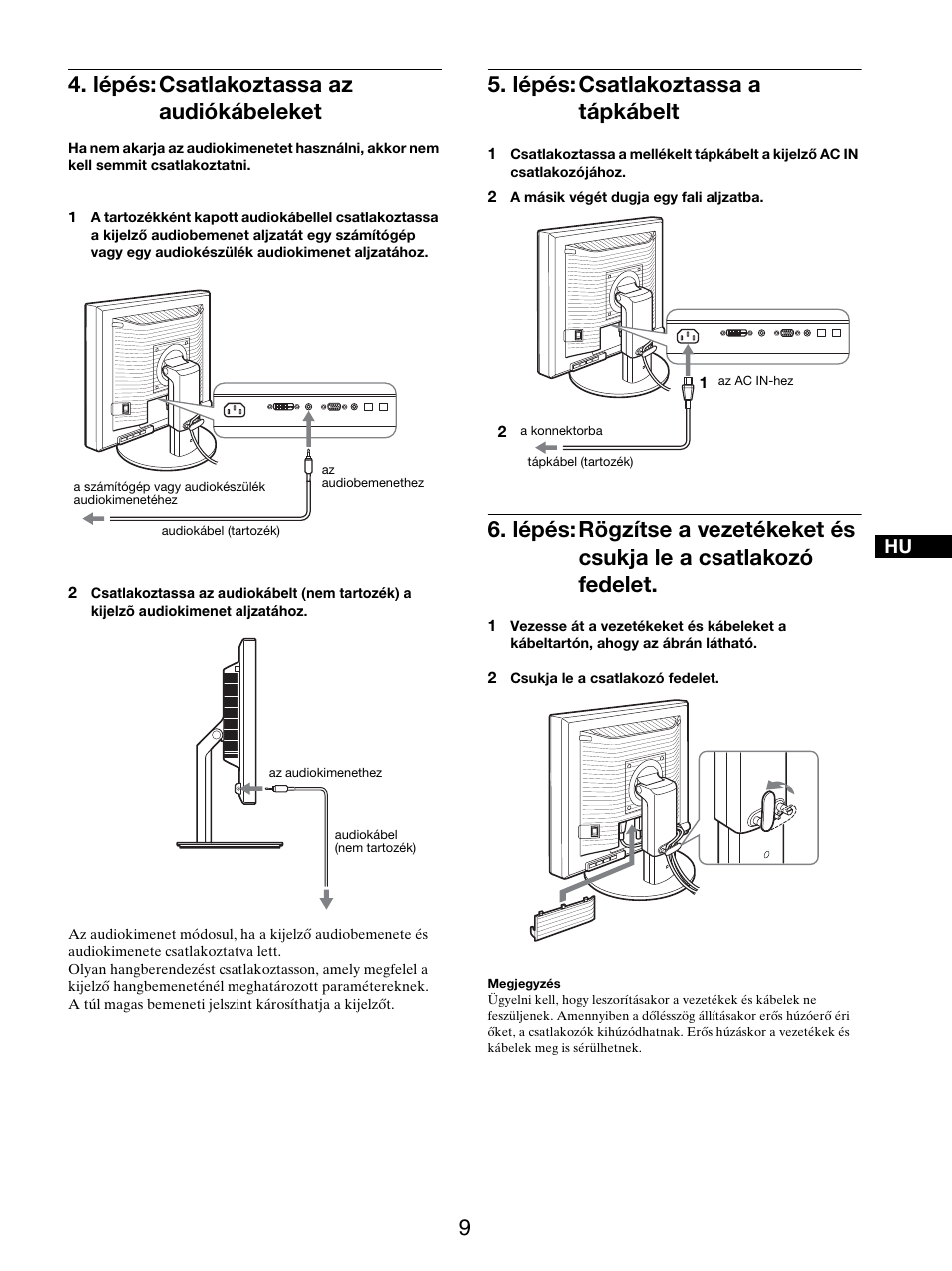 Lépés: csatlakoztassa az audiókábeleket, Lépés: csatlakoztassa a tápkábelt, Fedelet | Sony SDM-S205FB User Manual | Page 311 / 403