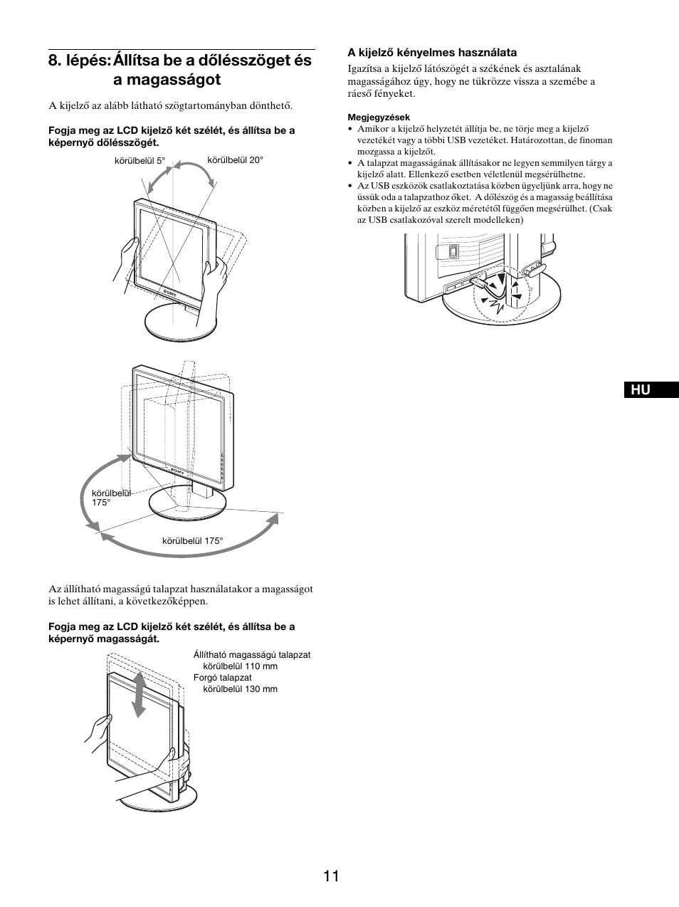 Lépés: állítsa be a dőlésszöget és a magasságot | Sony SDM-S205FB User Manual | Page 313 / 403