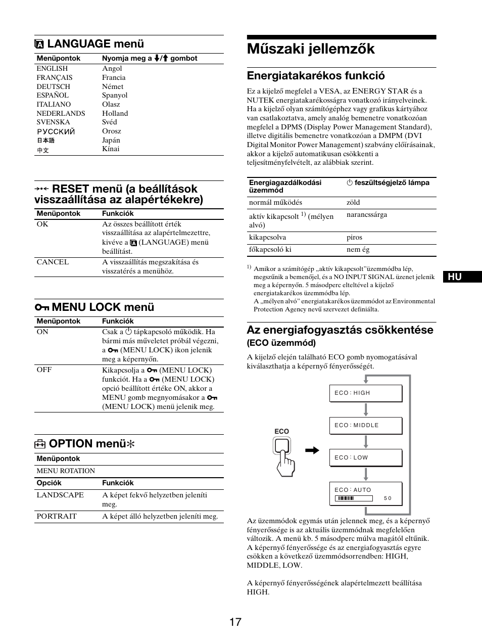 Language menü, Menu lock menü, Option menü | Műszaki jellemzők, Energiatakarékos funkció, Az energiafogyasztás csökkentése (eco üzemmód), Menu lock menü option menü, Az energiafogyasztás csökkentése | Sony SDM-S205FB User Manual | Page 319 / 403