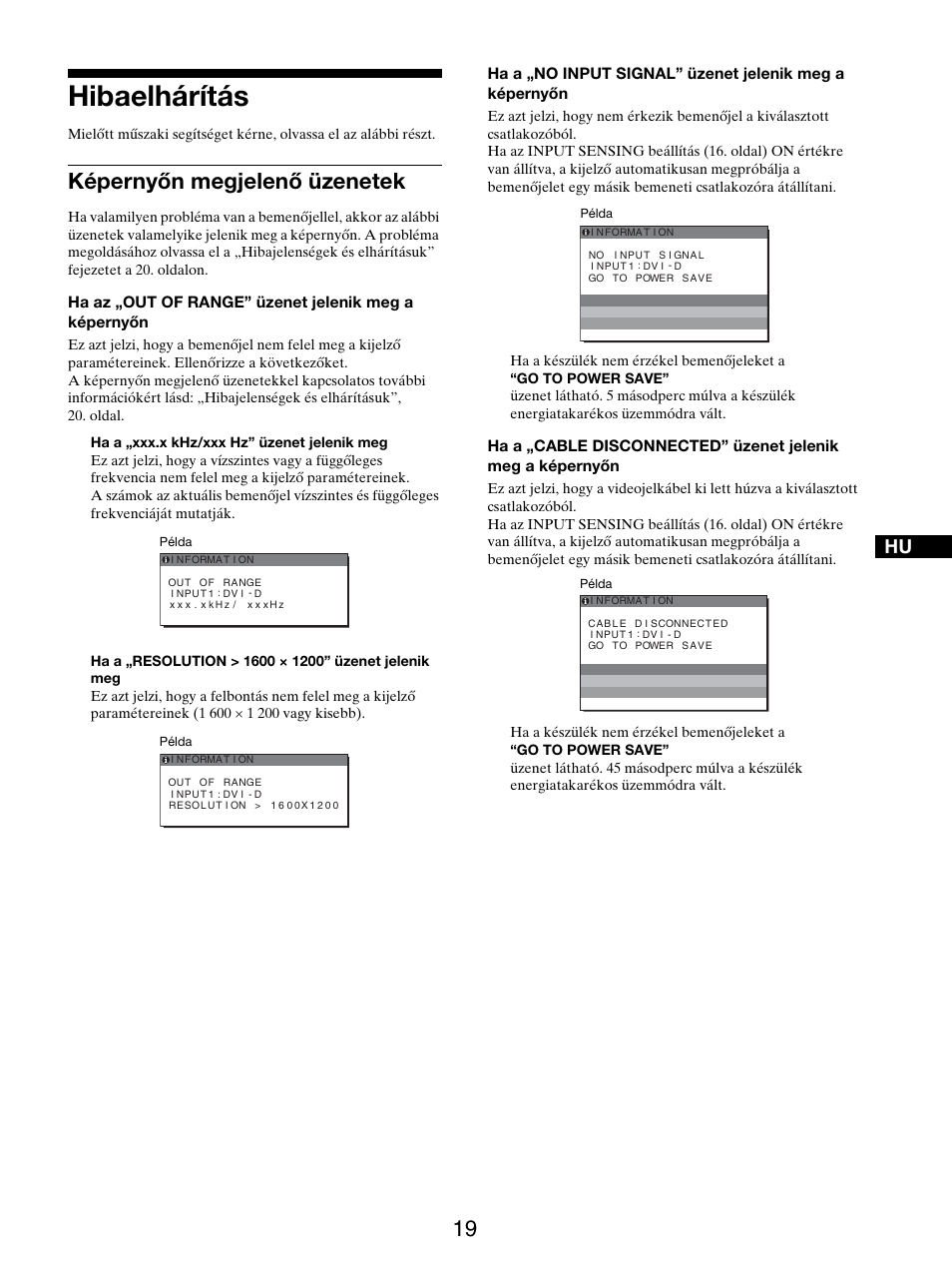 Hibaelhárítás, Képernyőn megjelenő üzenetek | Sony SDM-S205FB User Manual | Page 321 / 403