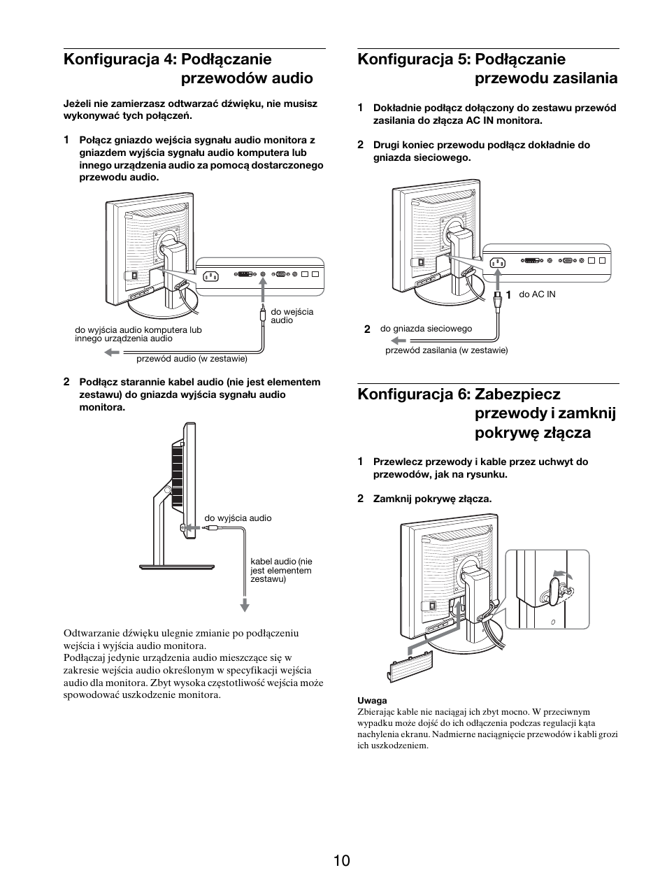 Konfiguracja 4: podłączanie przewodów audio, Konfiguracja 5: podłączanie przewodu zasilania, Złącza | 10 konfiguracja 4: podłączanie przewodów audio | Sony SDM-S205FB User Manual | Page 337 / 403