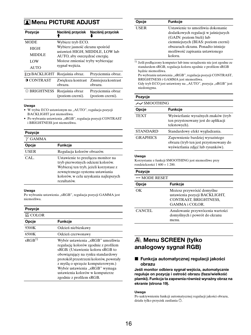 Menu picture adjust, Menu screen (tylko analogowy sygnał rgb) | Sony SDM-S205FB User Manual | Page 343 / 403