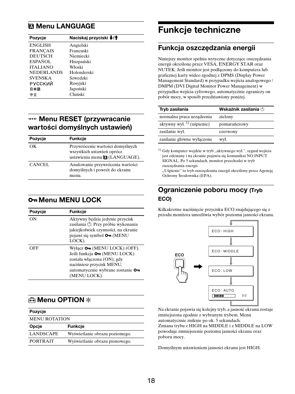Menu language, Menu menu lock, Menu option | Funkcje techniczne, Funkcja oszczędzania energii, Ograniczenie poboru mocy (tryb eco), 0 menu reset, Przywracanie wartości domyślnych ustawień), Menu menu lock menu option, Ograniczenie poboru mocy | Sony SDM-S205FB User Manual | Page 345 / 403