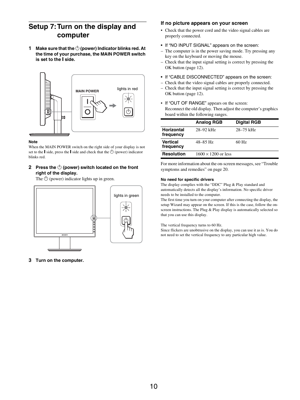 Setup 7: turn on the display and computer, 10 setup 7: turn on the display and computer | Sony SDM-S205FB User Manual | Page 35 / 403