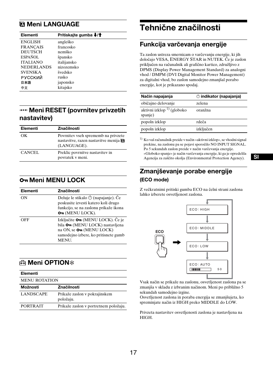 Meni language, Meni reset (povrnitev privzetih nastavitev), Meni menu lock | Meni option, Tehnične značilnosti, Funkcija varčevanja energije, Zmanjševanje porabe energije (eco mode), 0 meni reset (povrnitev privzetih nastavitev), Meni menu lock meni option, Zmanjševanje porabe energije | Sony SDM-S205FB User Manual | Page 370 / 403