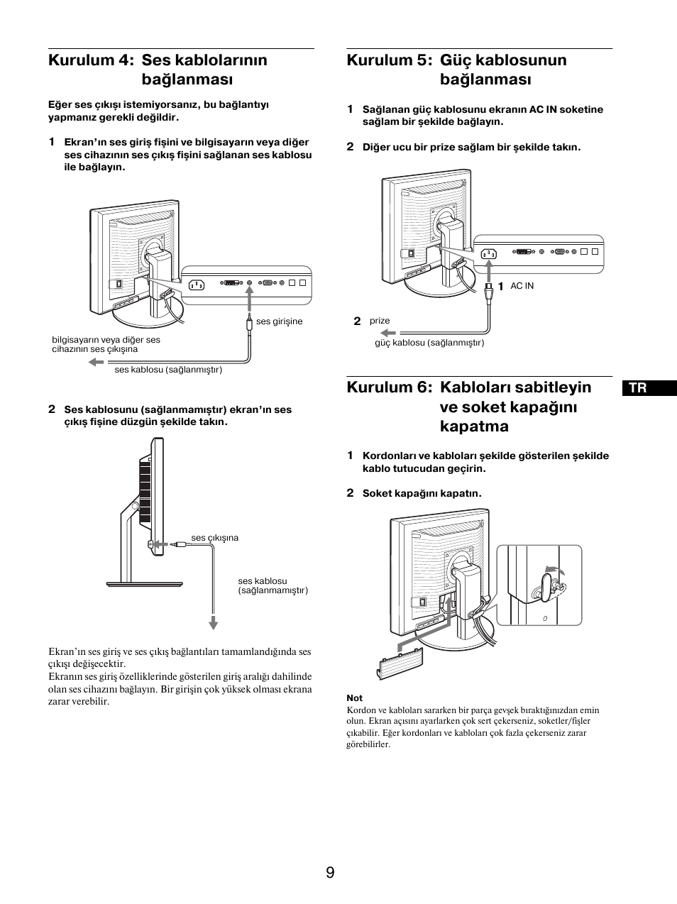 Kurulum 4: ses kablolarının bağlanması, Kurulum 5: güç kablosunun bağlanması | Sony SDM-S205FB User Manual | Page 387 / 403