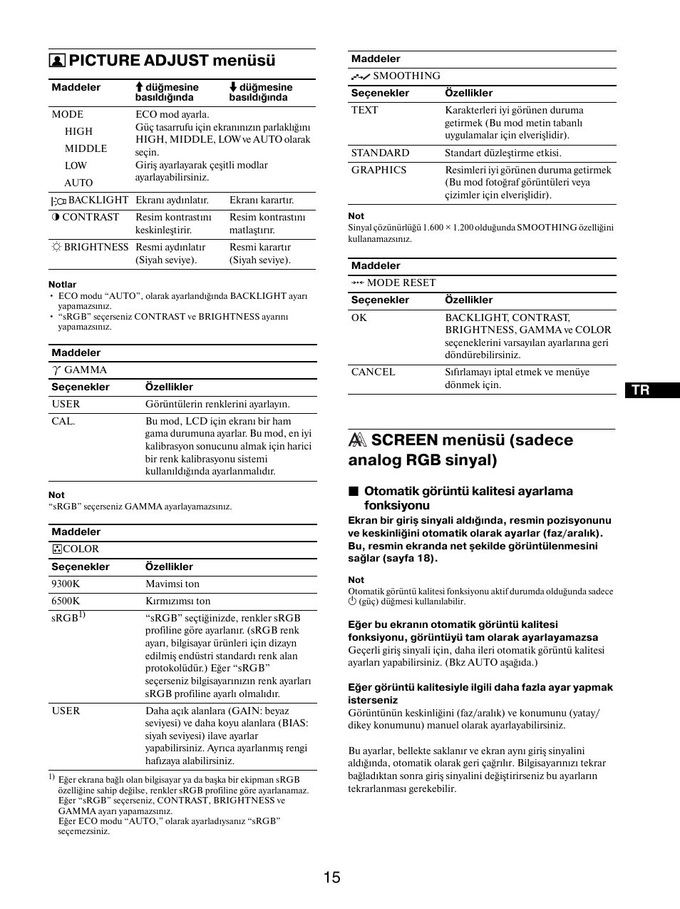 Picture adjust menüsü, Screen menüsü (sadece analog rgb sinyal) | Sony SDM-S205FB User Manual | Page 393 / 403