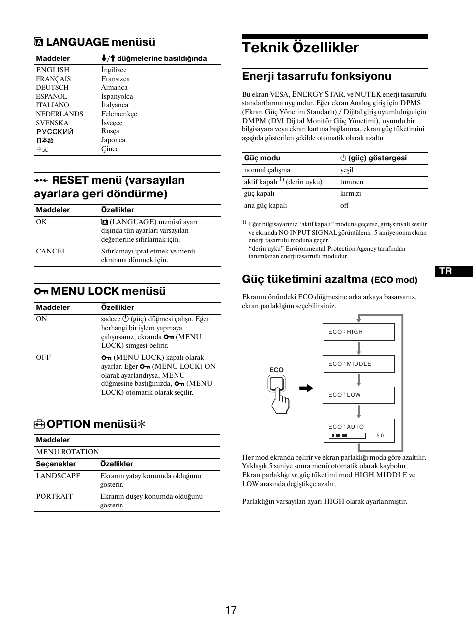 Language menüsü, Reset menü (varsayılan ayarlara geri döndürme), Menu lock menüsü | Option menüsü, Teknik özellikler, Enerji tasarrufu fonksiyonu, Güç tüketimini azaltma (eco mod), 0 reset menü (varsayılan ayarlara geri döndürme), Menu lock menüsü option menüsü, Güç tüketimini azaltma | Sony SDM-S205FB User Manual | Page 395 / 403