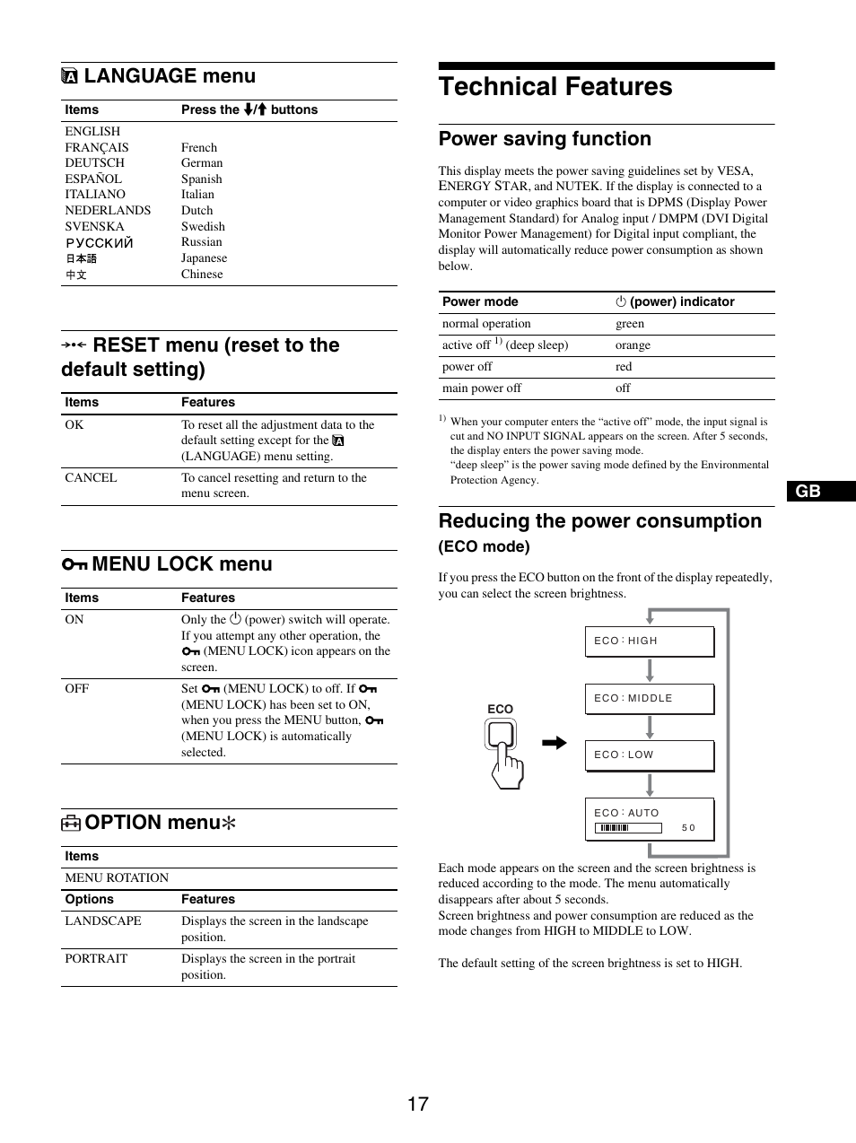 Language menu, Reset menu (reset to the default setting), Menu lock menu | Option menu, Technical features, Power saving function, Reducing the power consumption (eco mode), 0 reset menu (reset to the default setting), Menu lock menu option menu, Reducing the power consumption | Sony SDM-S205FB User Manual | Page 42 / 403