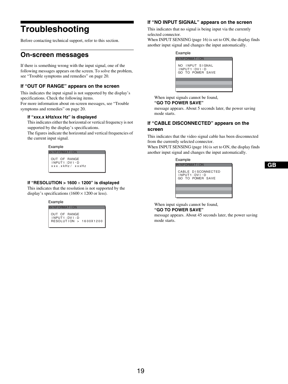 Troubleshooting, On-screen messages | Sony SDM-S205FB User Manual | Page 44 / 403