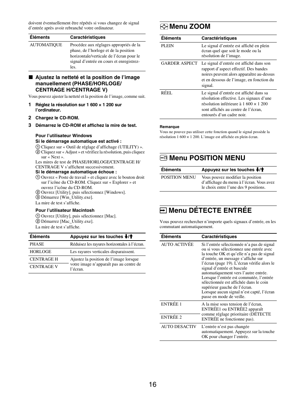 Menu zoom, Menu position menu, Menu détecte entrée | Menu zoom menu position menu menu détecte entrée, Menu position menu menu détecte entrée | Sony SDM-S205FB User Manual | Page 66 / 403