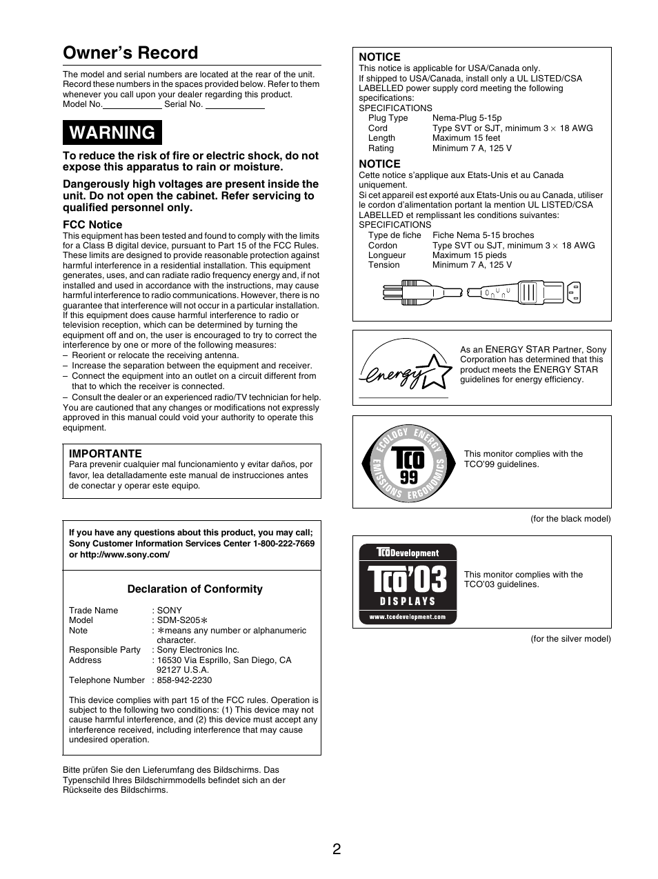 Owner’s record, Warning | Sony SDM-S205FB User Manual | Page 77 / 403