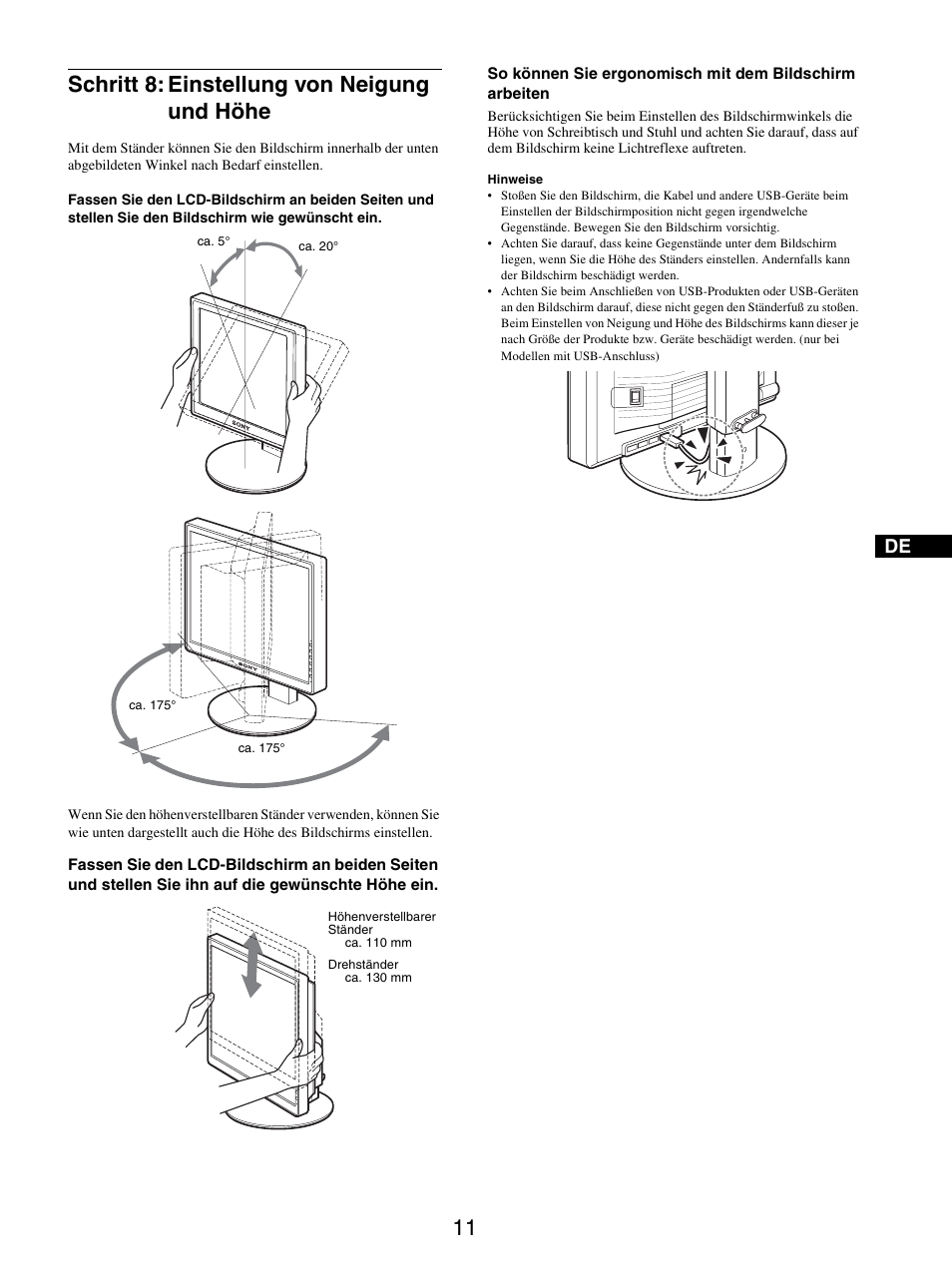 Schritt 8: einstellung von neigung und höhe | Sony SDM-S205FB User Manual | Page 86 / 403