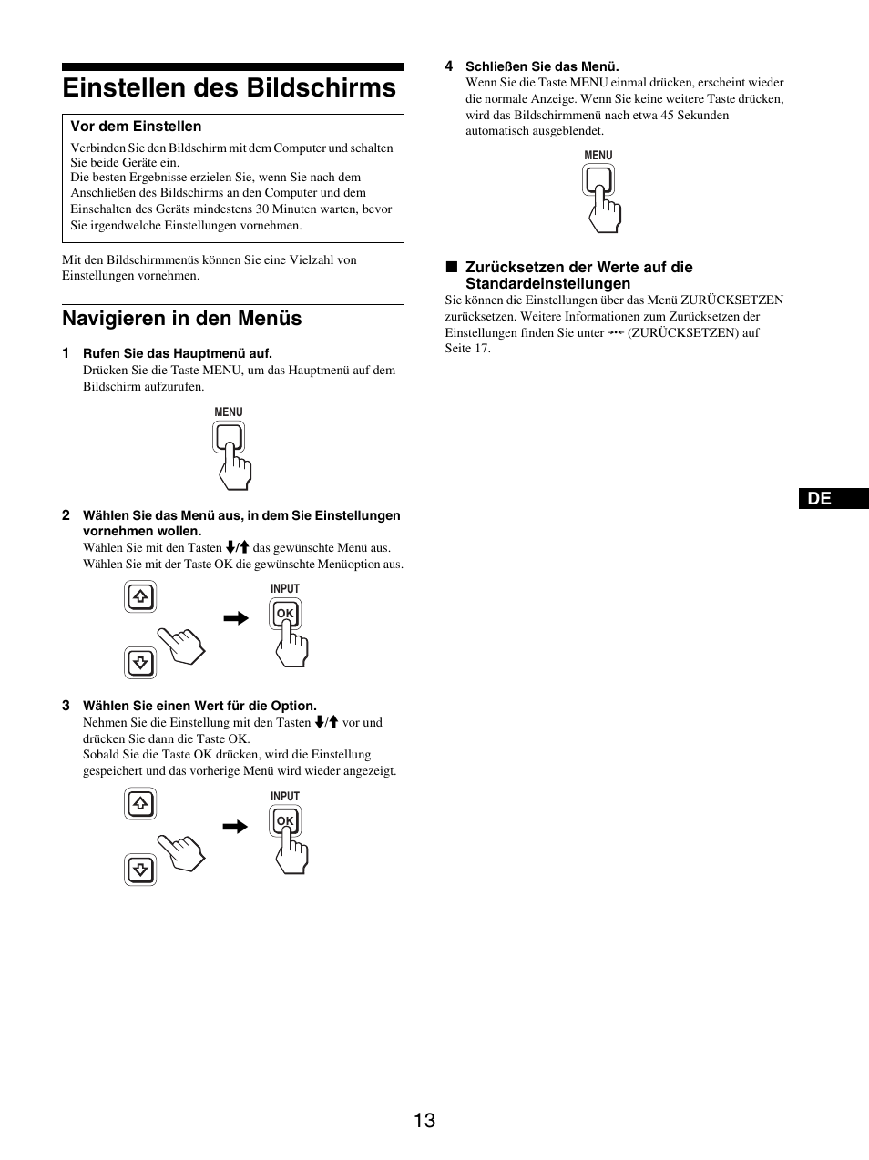 Einstellen des bildschirms, Navigieren in den menüs | Sony SDM-S205FB User Manual | Page 88 / 403