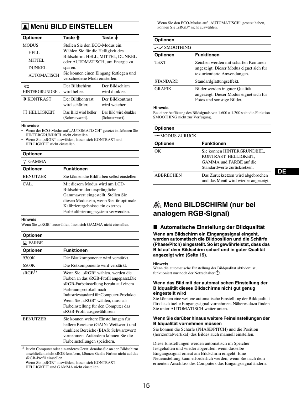 Menü bild einstellen, Menü bildschirm (nur bei analogem rgb-signal) | Sony SDM-S205FB User Manual | Page 90 / 403