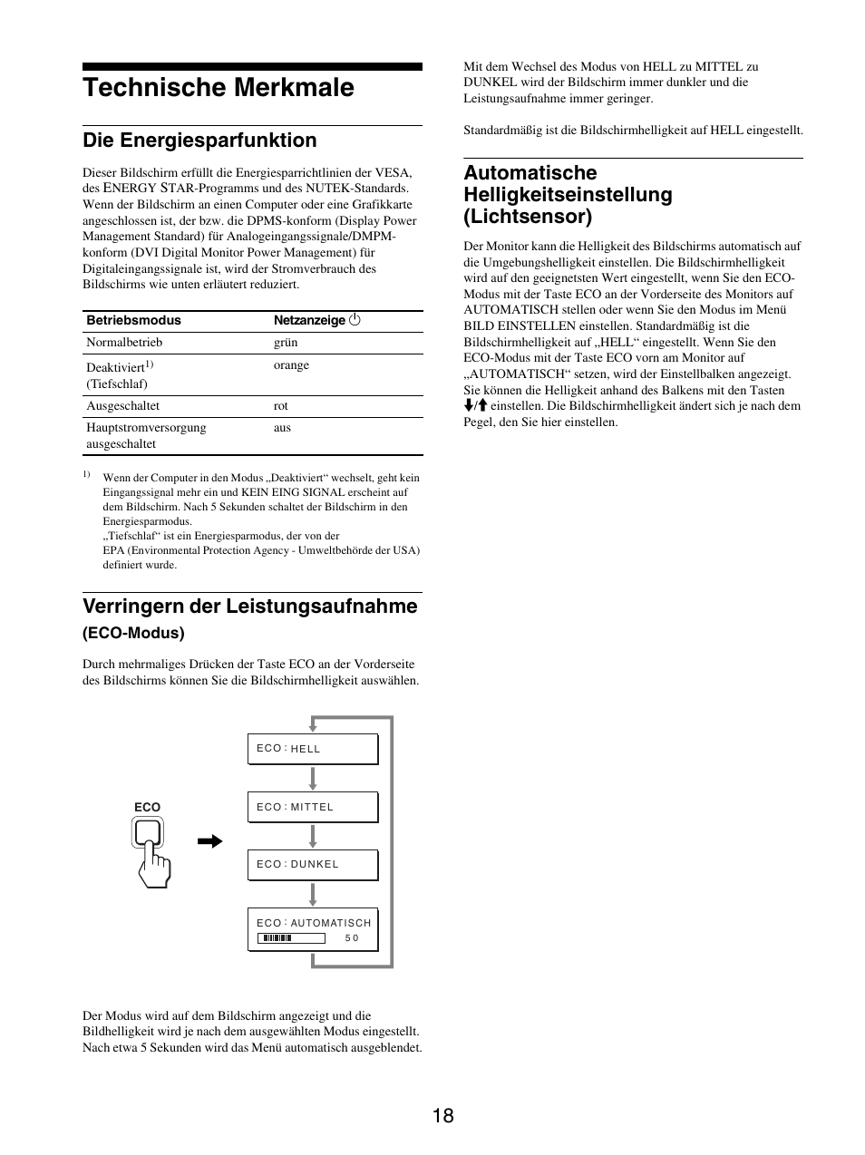 Technische merkmale, Die energiesparfunktion, Verringern der leistungsaufnahme (eco-modus) | Automatische helligkeitseinstellung (lichtsensor), Verringern der leistungsaufnahme | Sony SDM-S205FB User Manual | Page 93 / 403