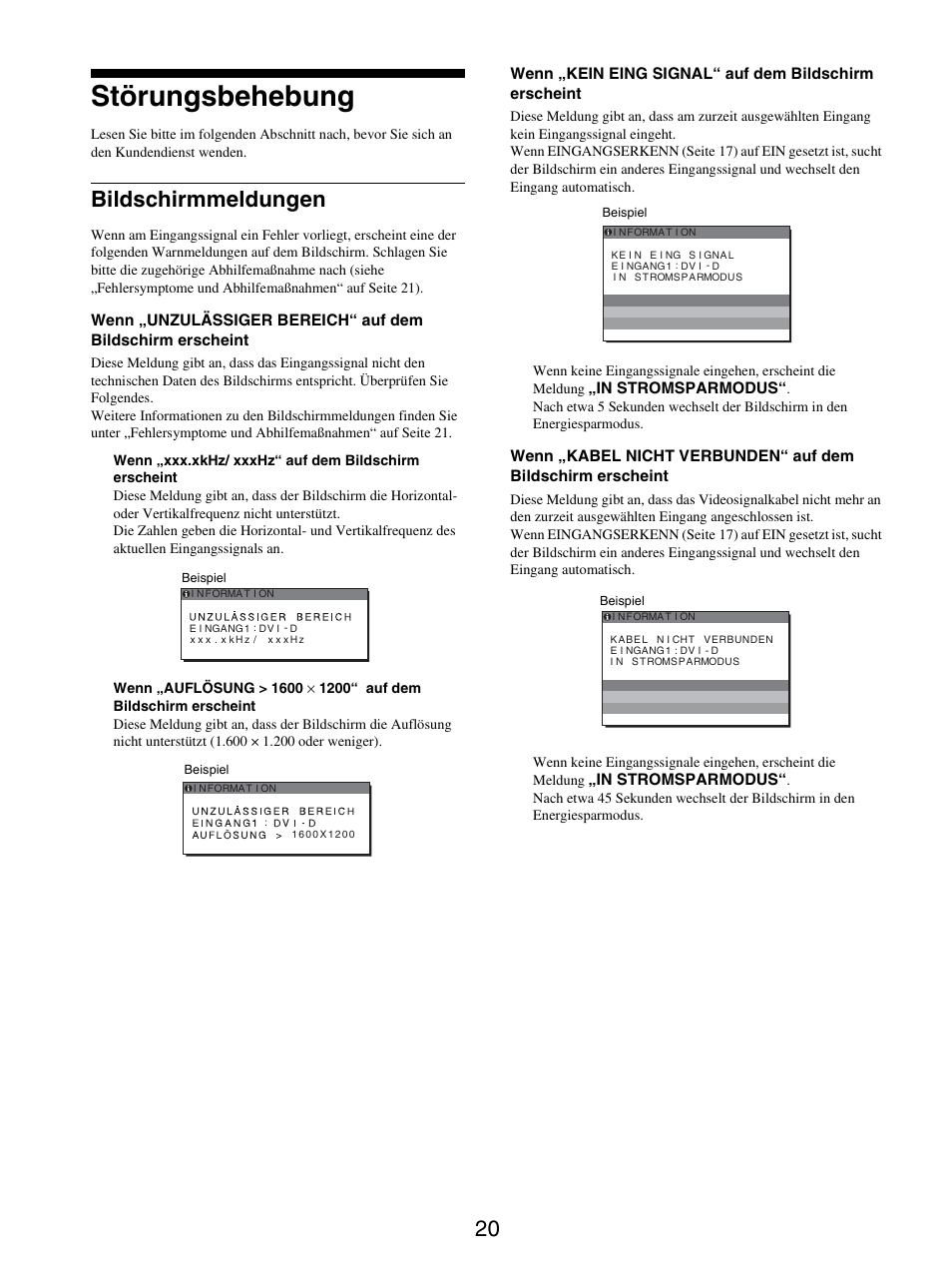 Störungsbehebung, Bildschirmmeldungen | Sony SDM-S205FB User Manual | Page 95 / 403