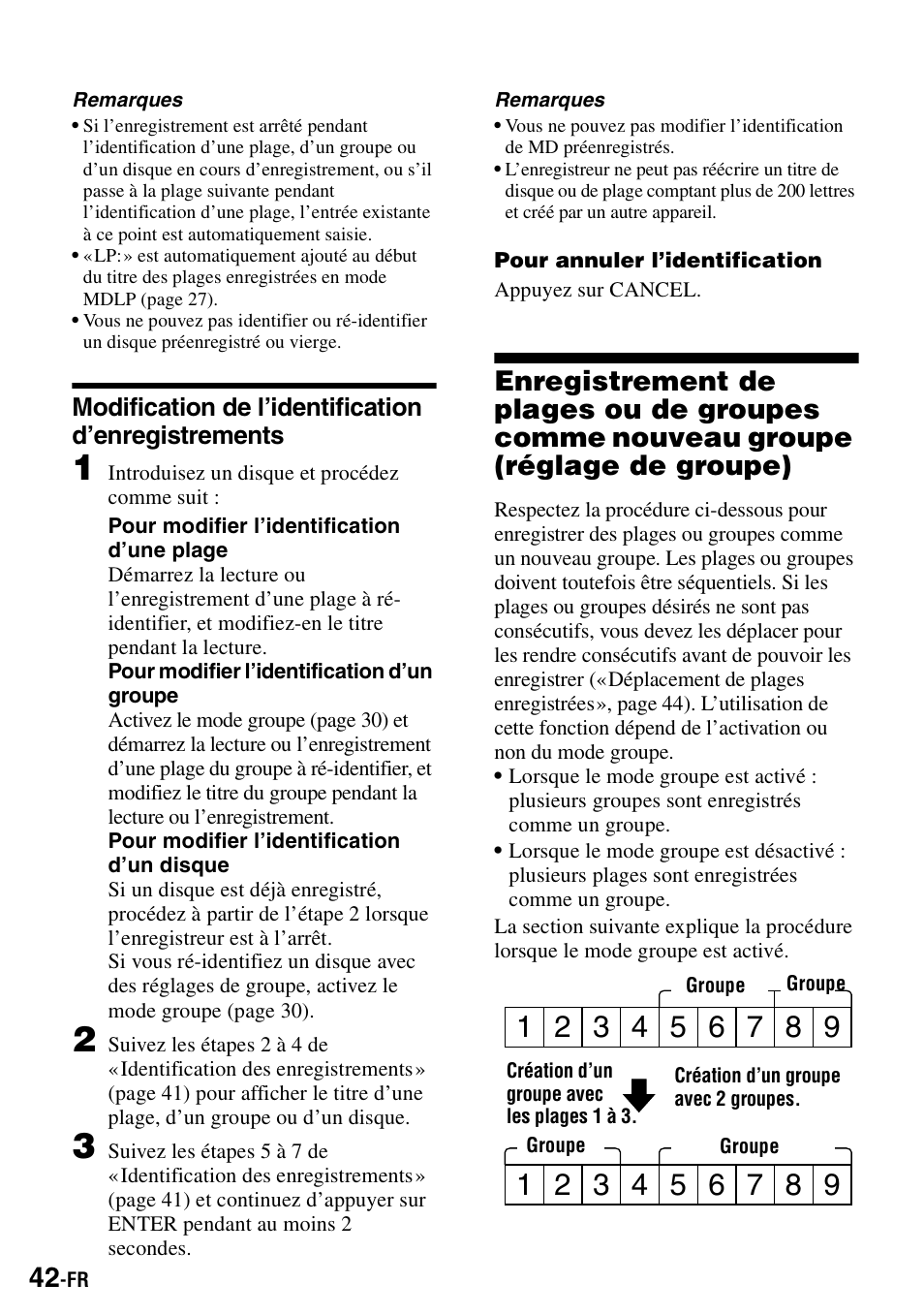 Modification de l’identification d’enregistrements, Réglage de groupe) | Sony MZ-S1 User Manual | Page 110 / 208